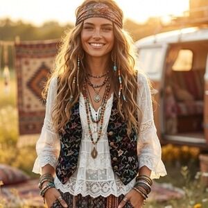 Cristina‎ Black Velvet Floral Embroidered Sleeveless Vest Women's S? Hippie 90s